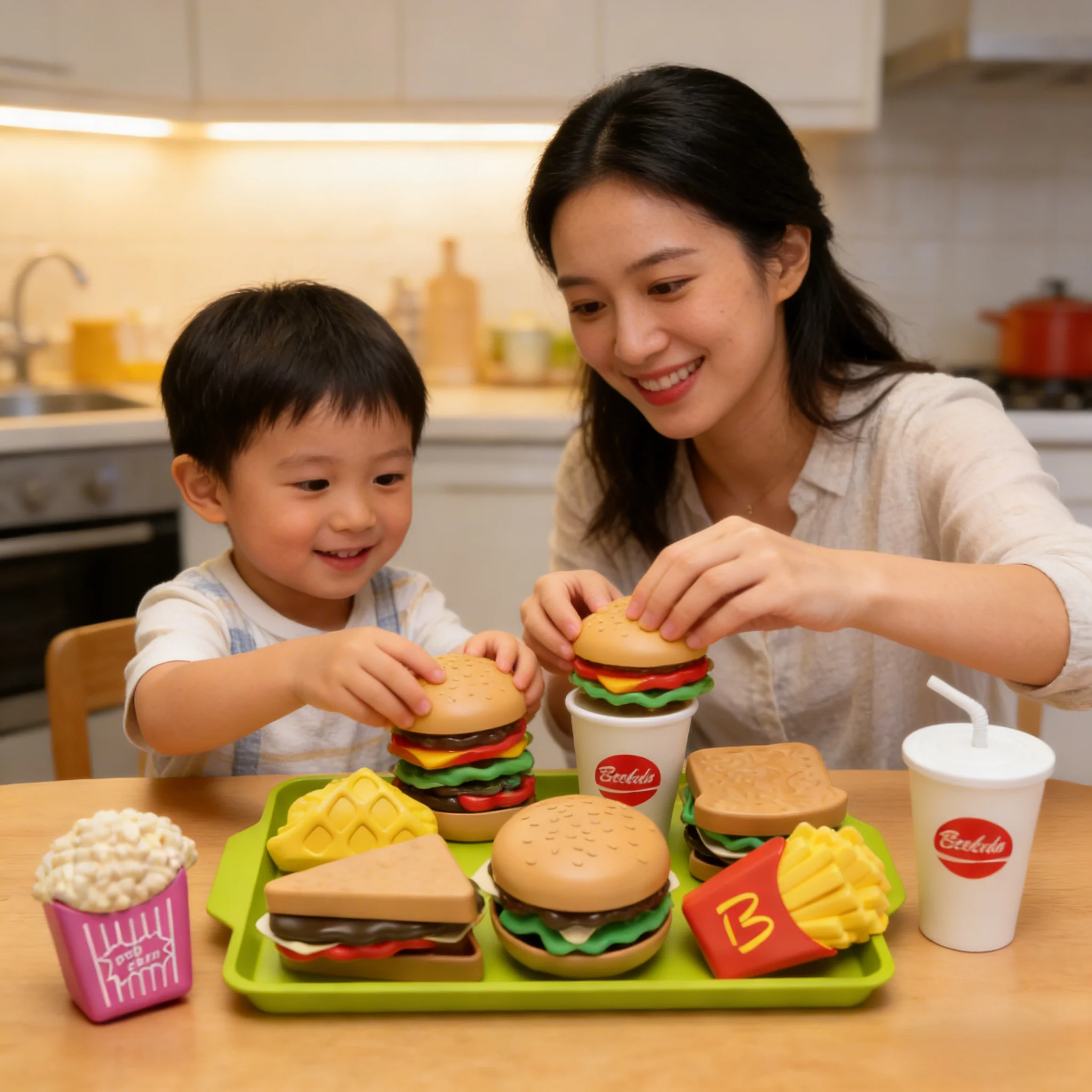 Hamburger speelvoedselset voor kinderen - doe-het-zelf-montage simulatie fastfood speelgoed, keuken fantasiespel voor meisjes jongens, kindercadeau