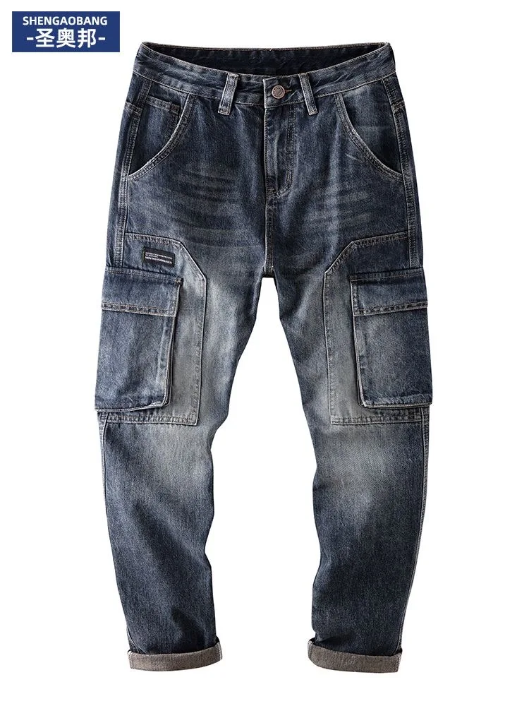 Autumn and Spring Fashion Trend Retro Sports Straight Leg Multi-pocket Jeans Men's Casual Loose Plus Size High-grade Denim Pants
