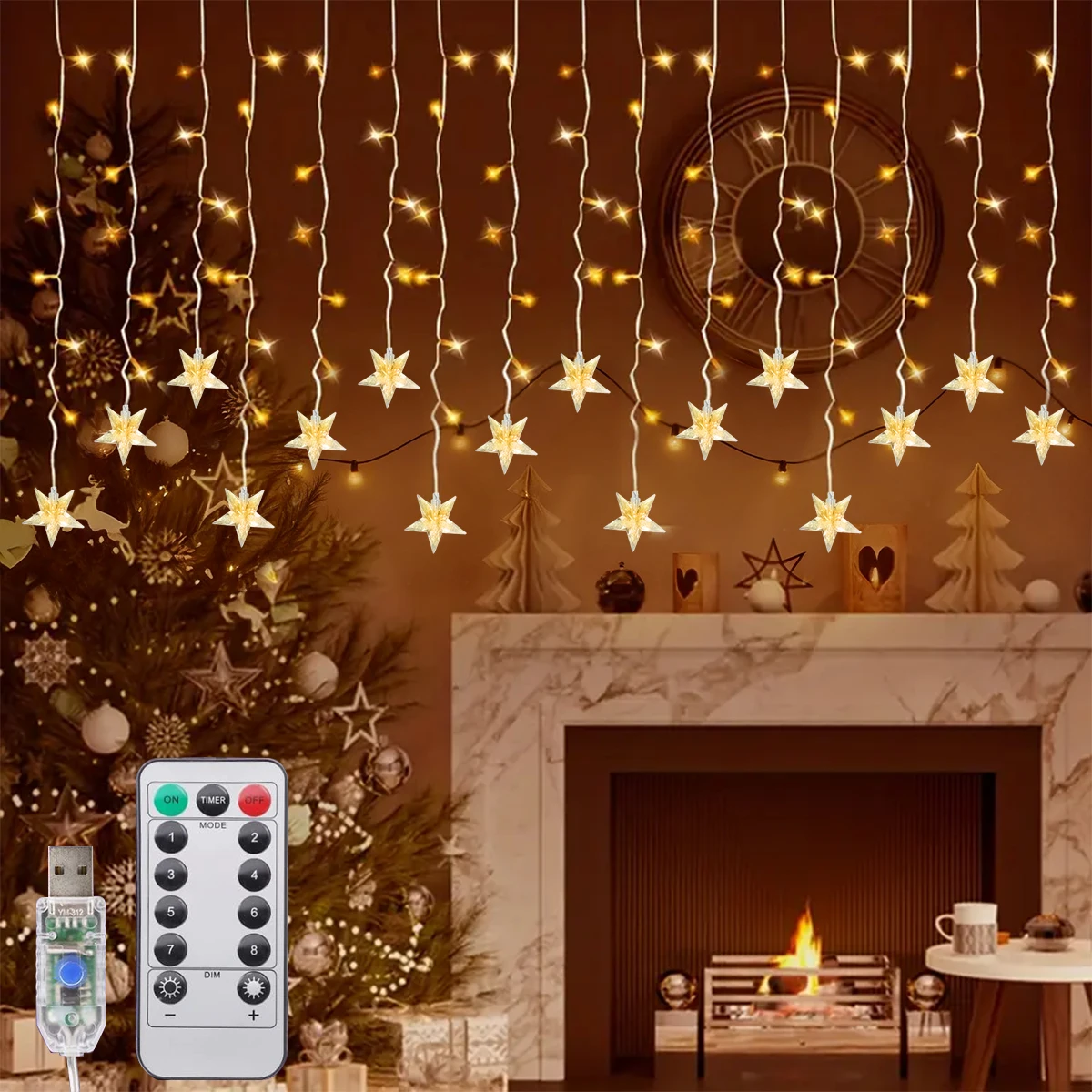 1pc 96 LED Star Icicle Curtain String Lights USB Powered 8 Modes Christmas Decorative Icicle Lights For Garden Patio Home Decor