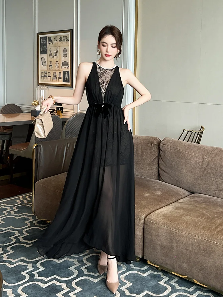 

Long Dress Women Summer 2024 New French Style Solid Chiffon Sleeveless Short Sleeve Zipper High Waist O-Neck Black Dresses
