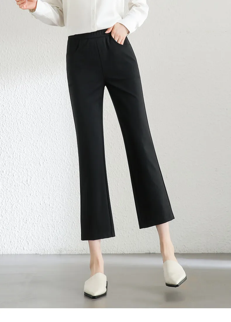 

SENTUBILA Fashion Slim Fit Flare Pants Women 2024 Autumn Elastic Waist Slit-hem Metal Button Casual Black Trousers 143K55732