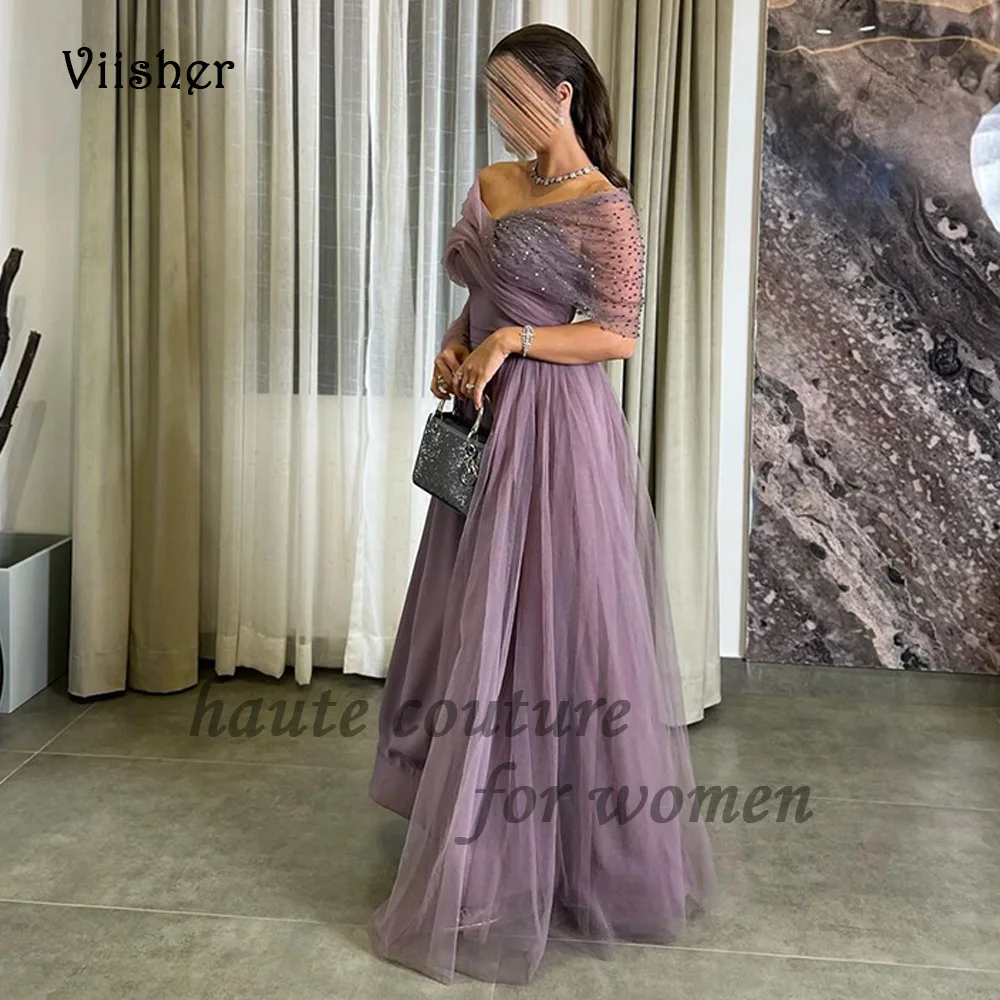 

Lavender A Line Evening Dresses Off Shoulder Pearls Beaded Tulle Prom Party Dress Floor Length Arabian Dubai Formal Gowns