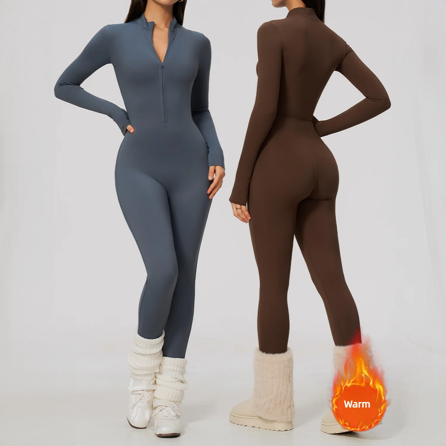 Women Bodysuit Fleece Lined Yoga Jumpsuit Zipper Long Sleeve One Piece Outfit Thermal Fitness Gym Set Workout Running Activewear