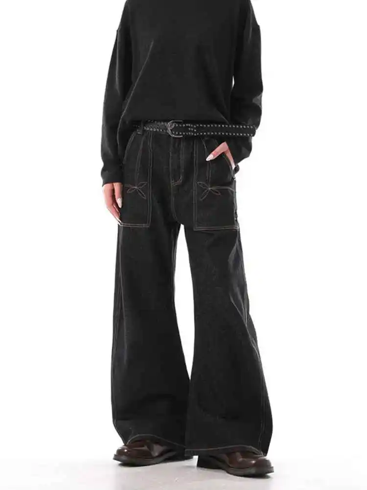 Women Black Gothic Y2k Baggy Emo Jeans Harajuku Vintage Denim Trousers Japanese 2000s Style Oversize Boyfriend Jeans Pants 2025