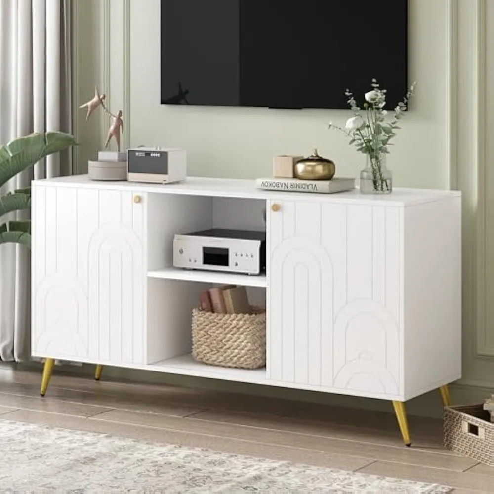 Modern TV Stand for TVs up to 55 Inches,Entertainment Center Media Console TV Station,Adjustable Shelf,Metal Legs,Handles and An