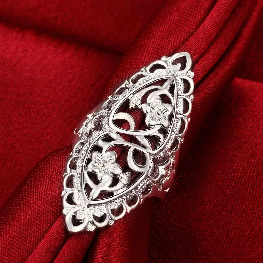 

Hot Noble 925 Sterling Silver Fine Retro Hollow Wide Flower Rings for Women Fashion Party Charm Wedding Jewelry Gifts