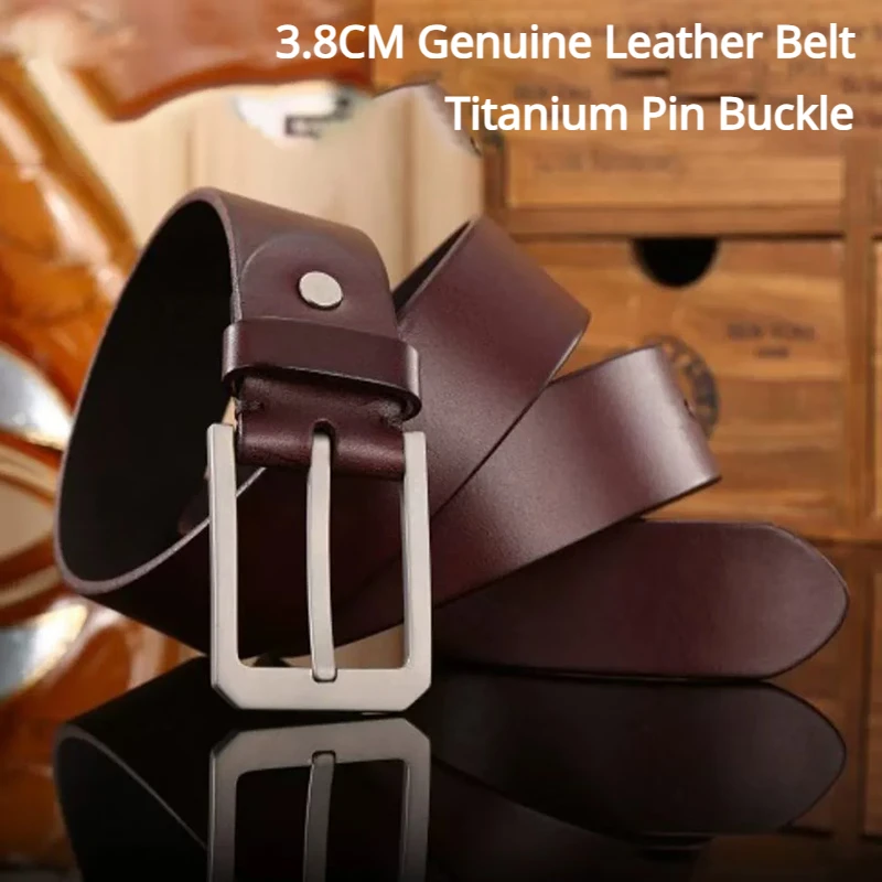 Men's Genuine Leather Belt Titanium Pin Buckle Business Casual Style Waist Accessories Top Layer Cowhide Belts 3.8cm Wide