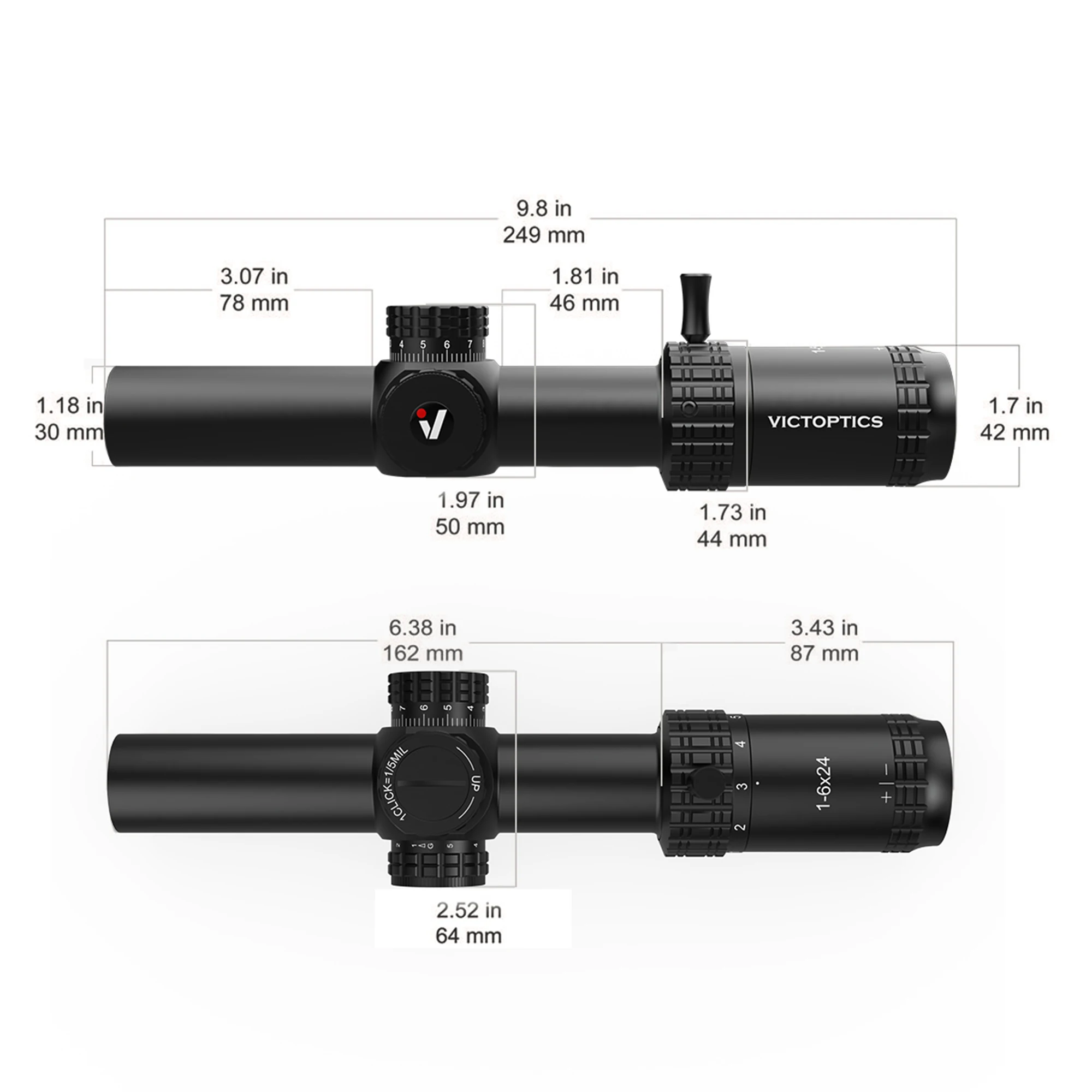 VictOptics-S6 Riflescope com iluminação vermelha e verde, sistema de bloqueio de torre, amplo campo de visão, AR 15,. 223, 5,56, 1-6x24 SFP