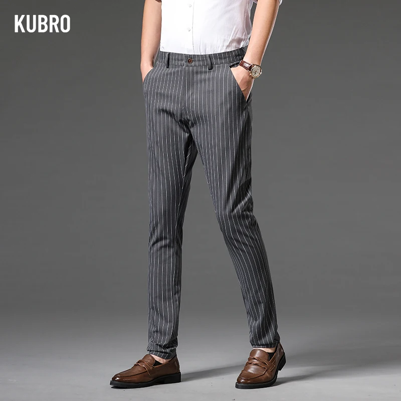 KUBRO-Calça reta masculina longa, calça elástica, marca clássica de negócios, listra inglesa, calça casual masculina de alta qualidade, nova moda