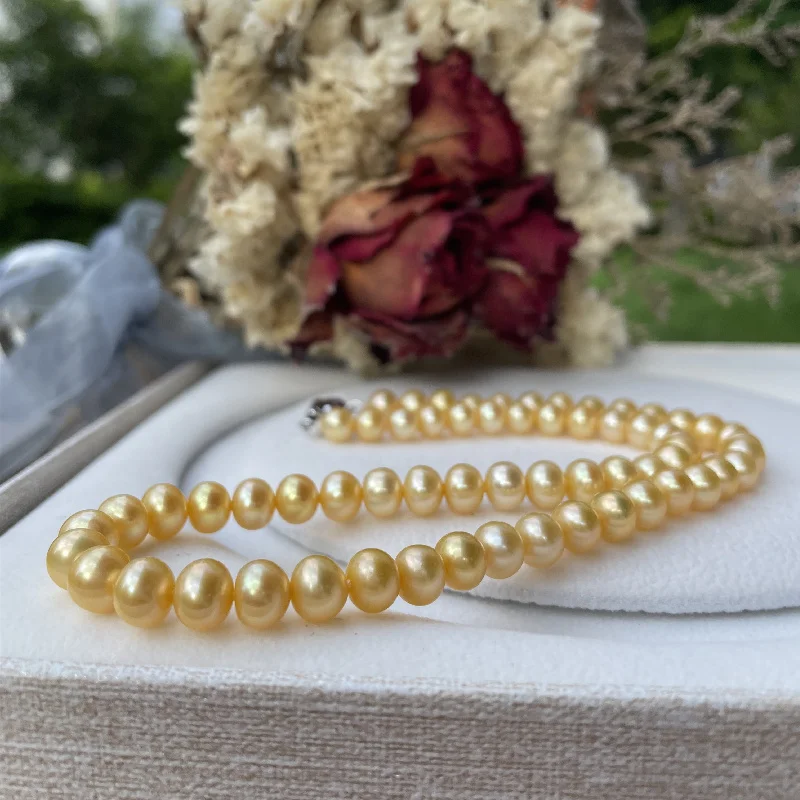 Natural 8-9mm Pearl Necklace, Gold Bead Necklace, Round Wedding Gift, Daily Wear