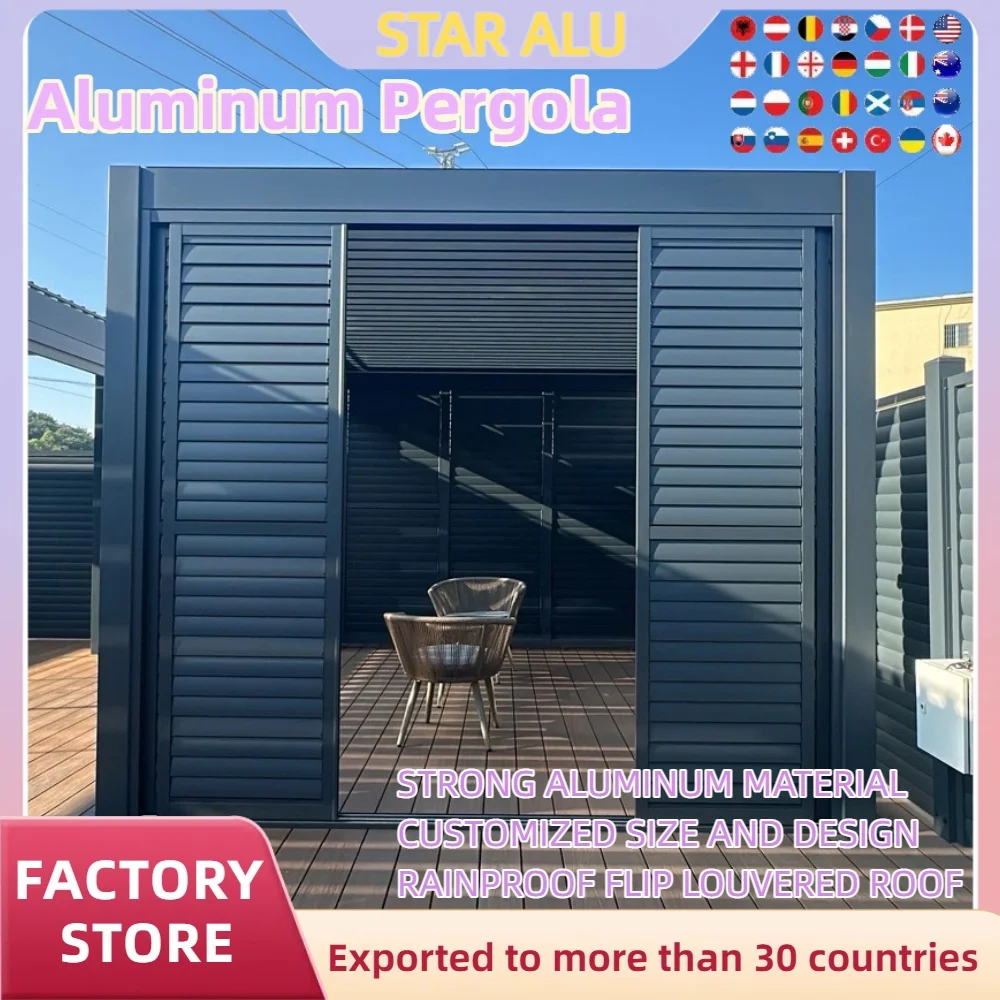 Bioclimatic Aluminum  Pergola  waterproof  louver roof can be flipped manually for outdoor patio With sliding aluminum shutter