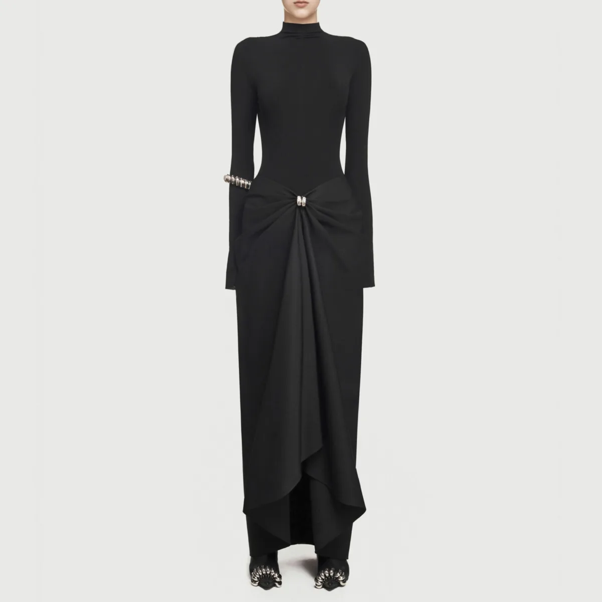 BJTZ Premium metallic colorblock halve coltrui jurk elegant slim fit asymmetrisch lang nieuw ontwerp herfst lente chic