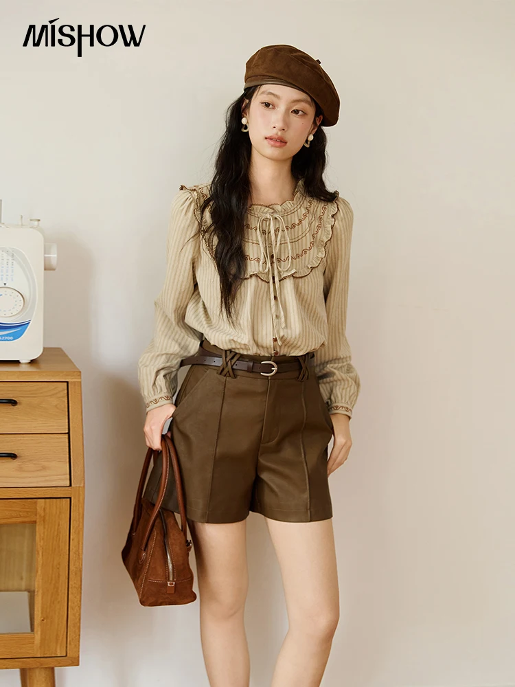 Mishow camisa listrada para mulher 2025 nova retro madeira borda da orelha em torno do pescoço bordado topo coreano roupas populares outono mxe46x2492