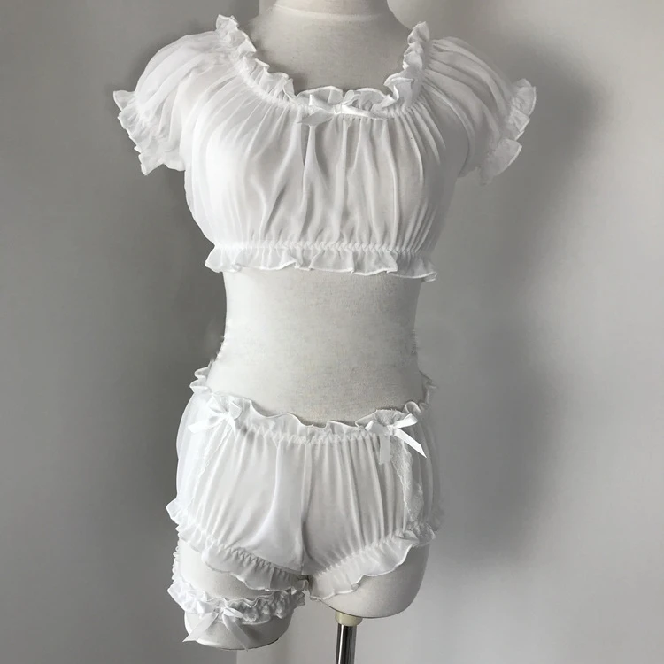 Frauen Sheer Stars Ultradünne Gaze Rüschen Off Schulter Ärmel Tops Shorts Bein Ring Unterwäsche Set Versuchung Sexy Pyjamas – Detail 10