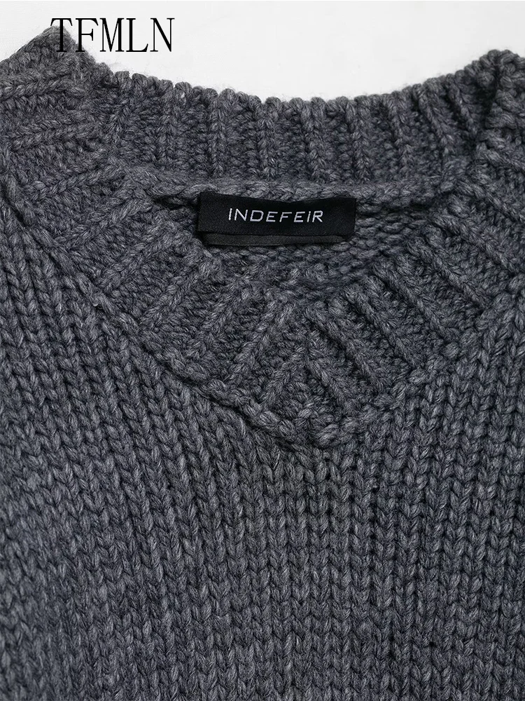TFMLN 2025 الخريف السببية المرأة الصلبة محبوك البلوزات موضة الخامس الرقبة قصيرة الأكمام اقتصاص البلوز القمم شيك السيدات تريكو