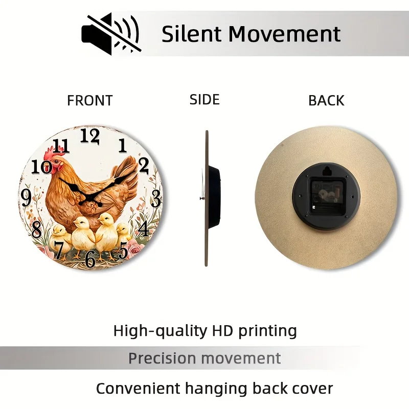 1pc 2D Flat Wall Clock Non-Ticking Wooden, Circular Clock Hen with chicks surrounded by flowers Design for Living Room, Bedroom, Kitchen, Entryway, Office 25.4cm 30.48cm 35.56cm 40.64cm (No Battery), 2D Flat
