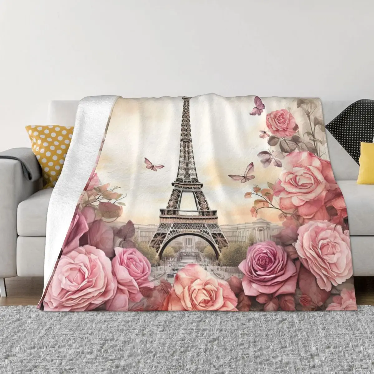 

Vintage Eiffel Tower Paris with pink roses Throw Blanket Blankets For Bed Extra Large Throw Blankets