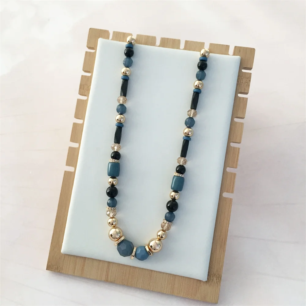 Casual Sweater Necklace Gold Color Plating  Blue Tone Stone Strand Necklace For Women Bohemia Statement Vintage Jewelry