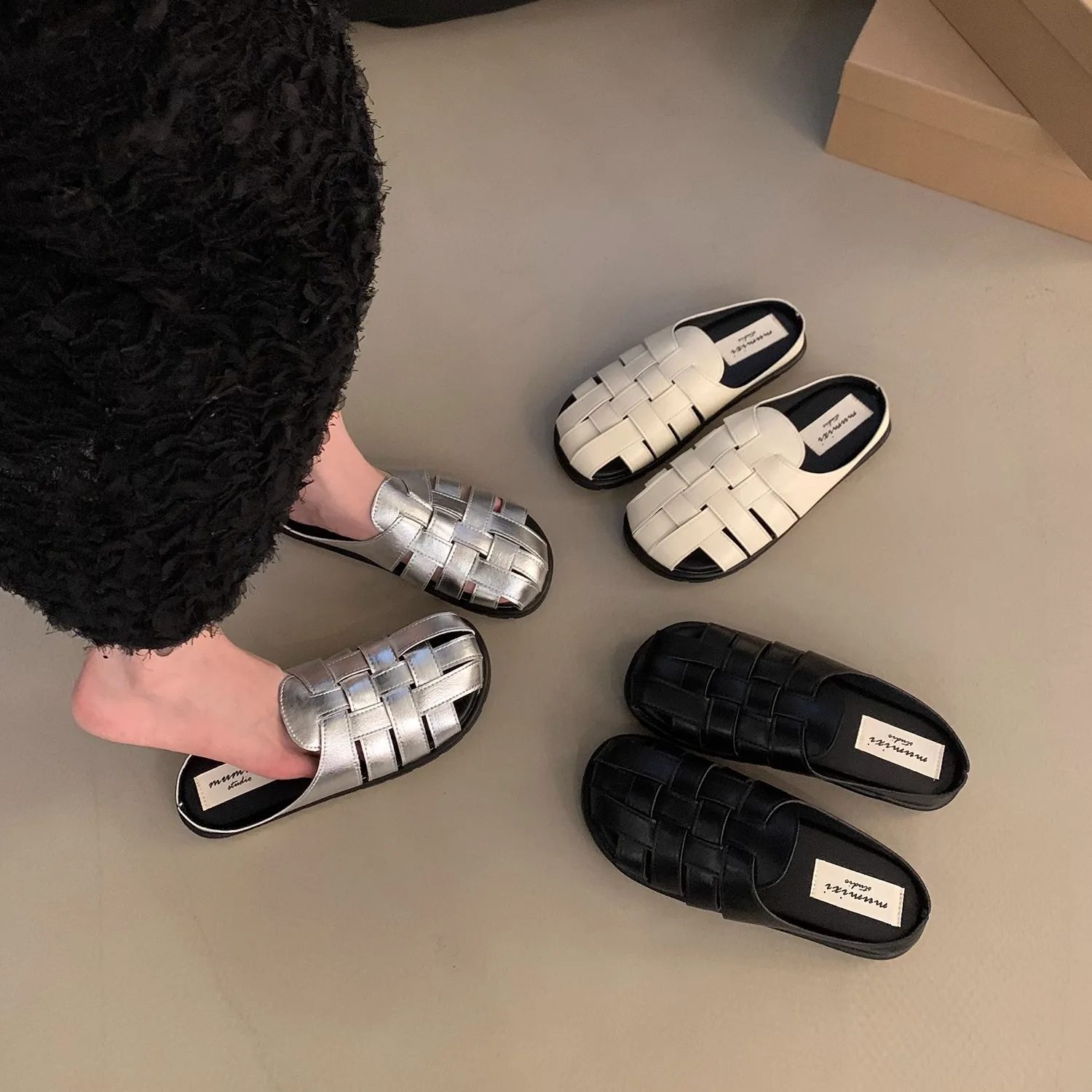 Baotou Silver Half Slippers, Women's Summer Wear 2024 New Slip-on Moeller Sandals, Birkenstocks Woven Sandals, Women's Shoes