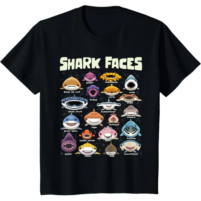 

Types of Shark Faces Sea Animals of The World Shark Lover Gift t shirt Vintage Graphic Tee 100% cotton clothes All size Tops