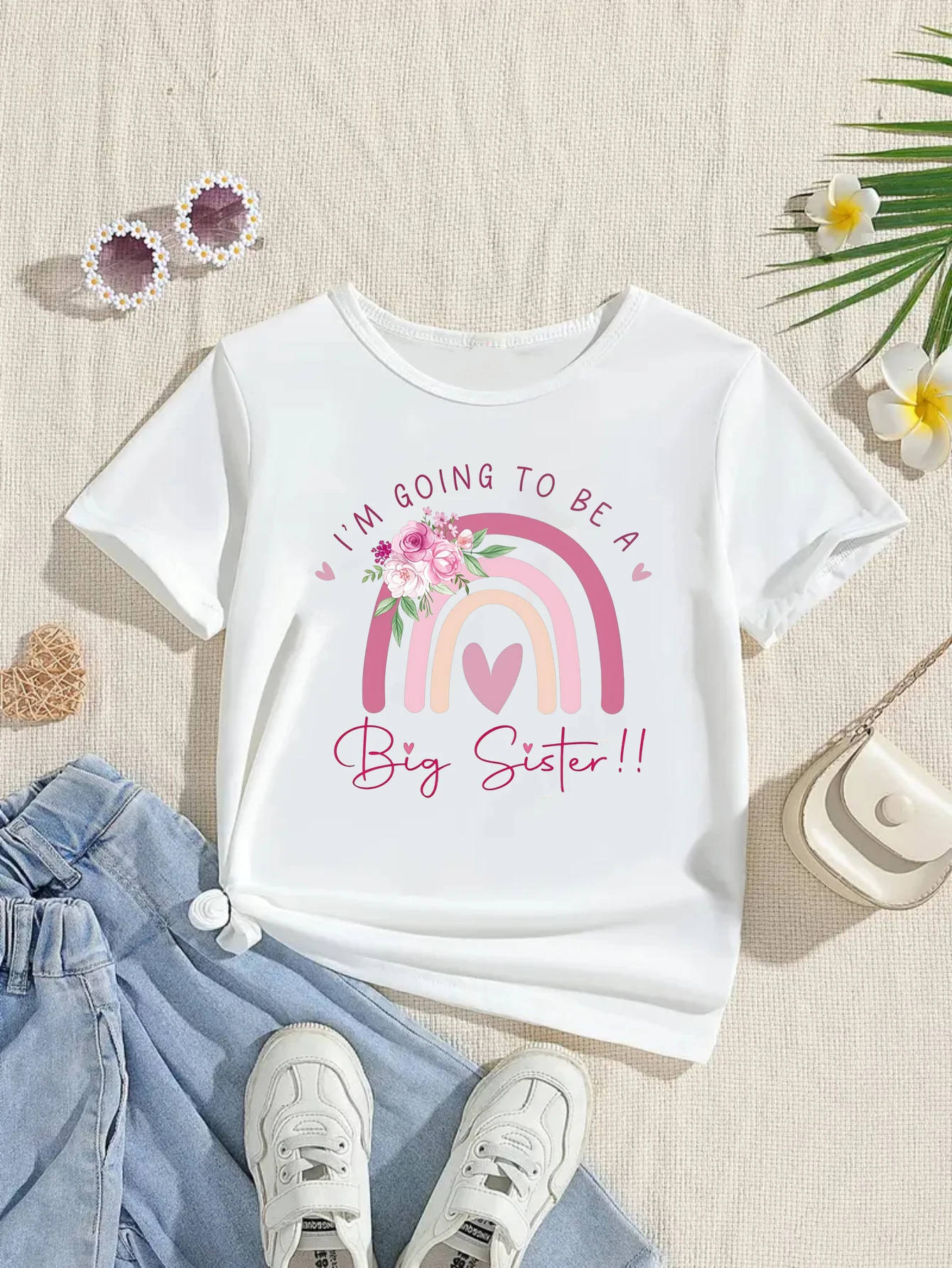 I Am Going To Be A Big Sister Rainbow Flowers Heart Printed T Shirt Girls Pregnancy Announcement Shirt Funny Kids Clothes