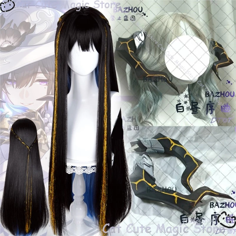 

The Dahlia Constance Game Honkai: Star Rail Cosplay Black Long Wig With Gold Silk Thread Black Horn Halloween disfraz mujer Cos