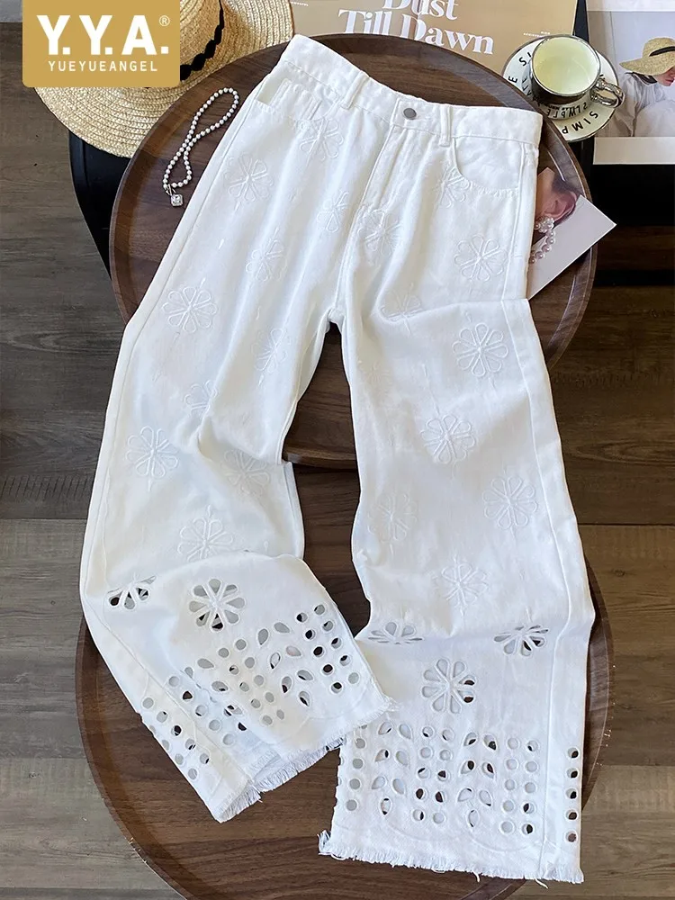 

Spring Summer Women Floral Hollow Out White Jeans High Waist Casual Denim Pants Vintage Lady High Waist Wide Leg Straight Pants