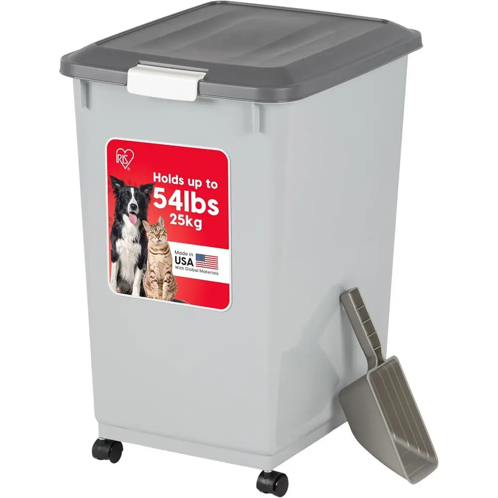 

Герметичный контейнер для хранения корма для домашних животных с колесами, мерная ложка на 2 чашки, вместимость до 54 фунтов, встроенный отсек для мерной ложки, портативный, без BPA.