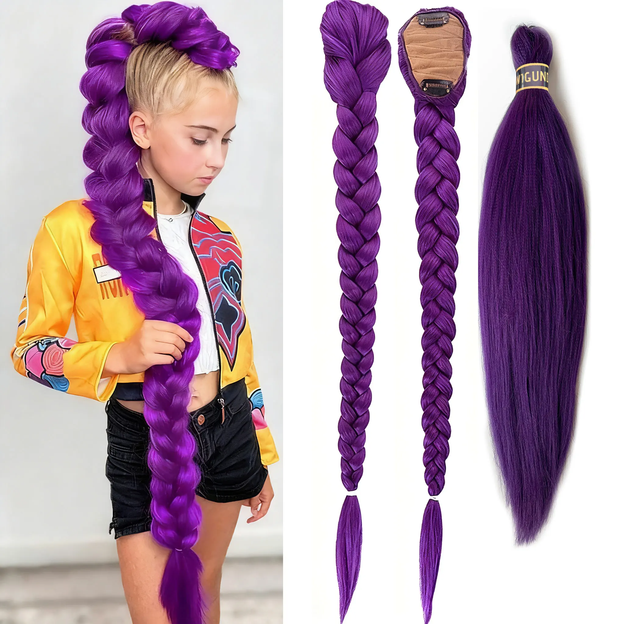 Rumi Purple Hair Synthetic Braided Ponytail Costume Hairstyle 26inch Long Ponytail with Clips for Kids Girls Halloween Christmas
