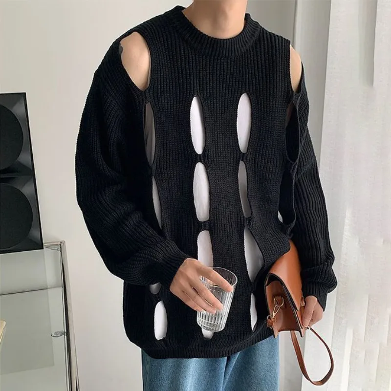 Autumn Japanese Trend Lazy Style Hollow Knitted Sweater Men's and Women's Long Sleeved Loose Jumpers Soft Casual Ripped Sweater