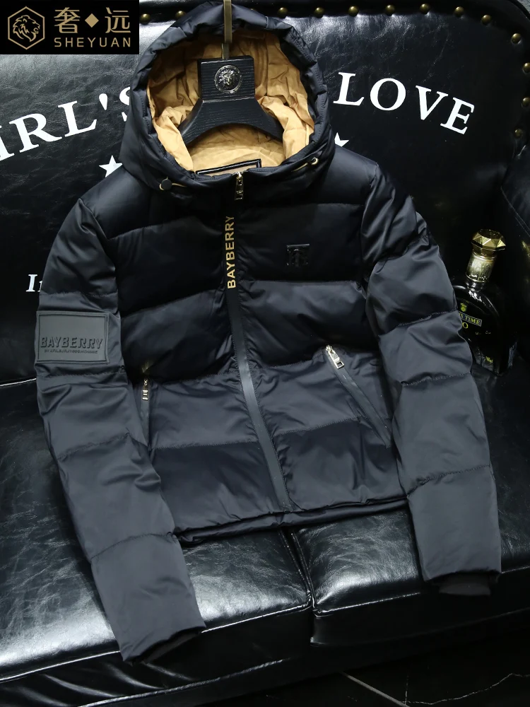 

Elegant Men's Hooded down Jacket Fashionable Urban Style Warmth 90% White Duck down Coat Simple Design Polyester Fabric