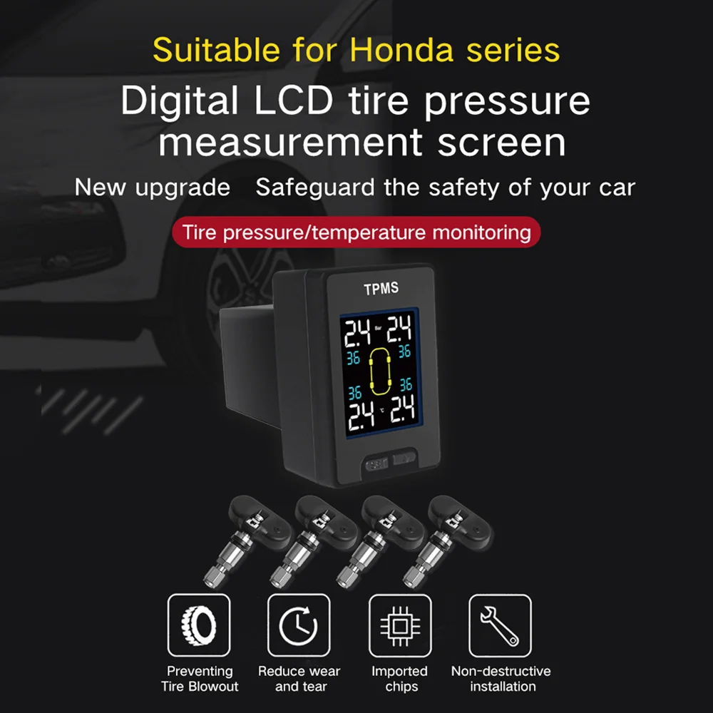 TPMS Tire Pressure Sensor with Temperature Buzzer Alarm 4PCS TPMS Sensors (Optional) For Honda Civic Accord Inspire Fit CR-V