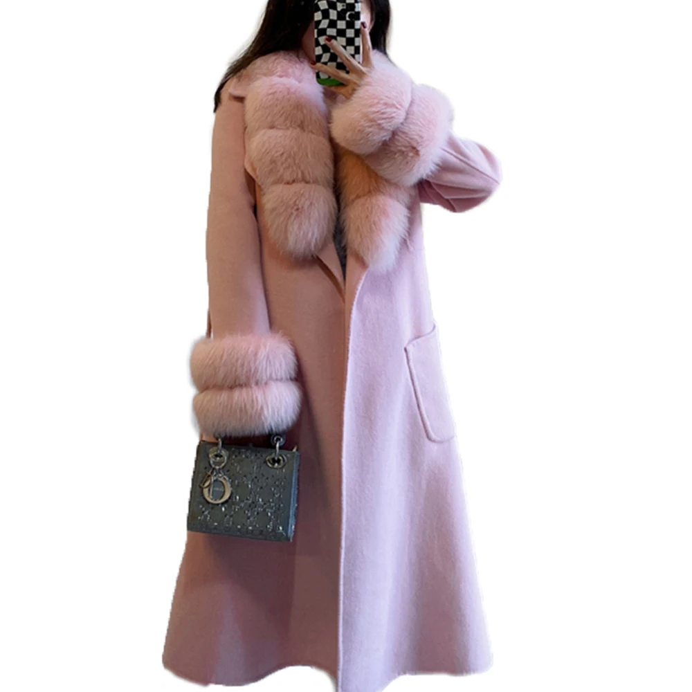 

2022 X-long Cashmere Wool Blends Real Fur Coat Belt Winter Jacket Women Natural Fox Fur Collar Cuffs Streetwear Outerwear