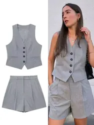 HH 2024 Summer Elegant Solid Pants Suit For Women Sleeveless V-neck Single Breasted Vests Top+High Waist Shorts Vintage Set