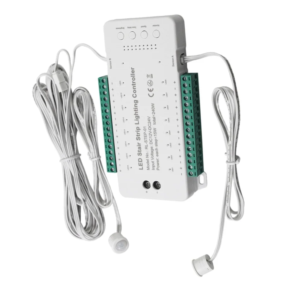 16-Channel LED Stair Light Controller With Motion Sensor 9-Speeds 4 Brightness Levels DC12V-24V Adjustable Delay Timer