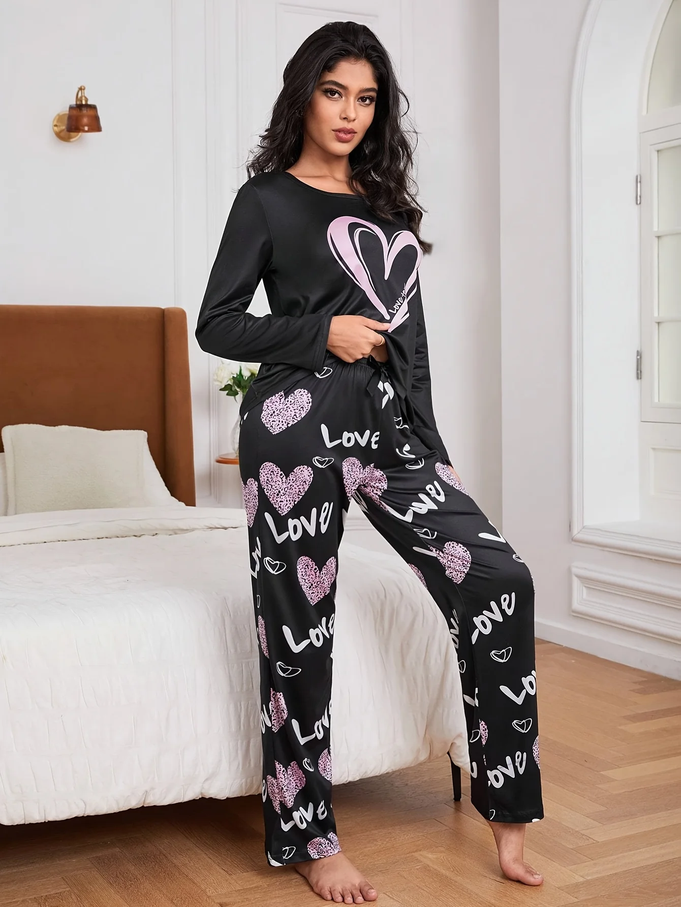 Love letter print pajama set with long sleeve crew neck top and elastic belt pants