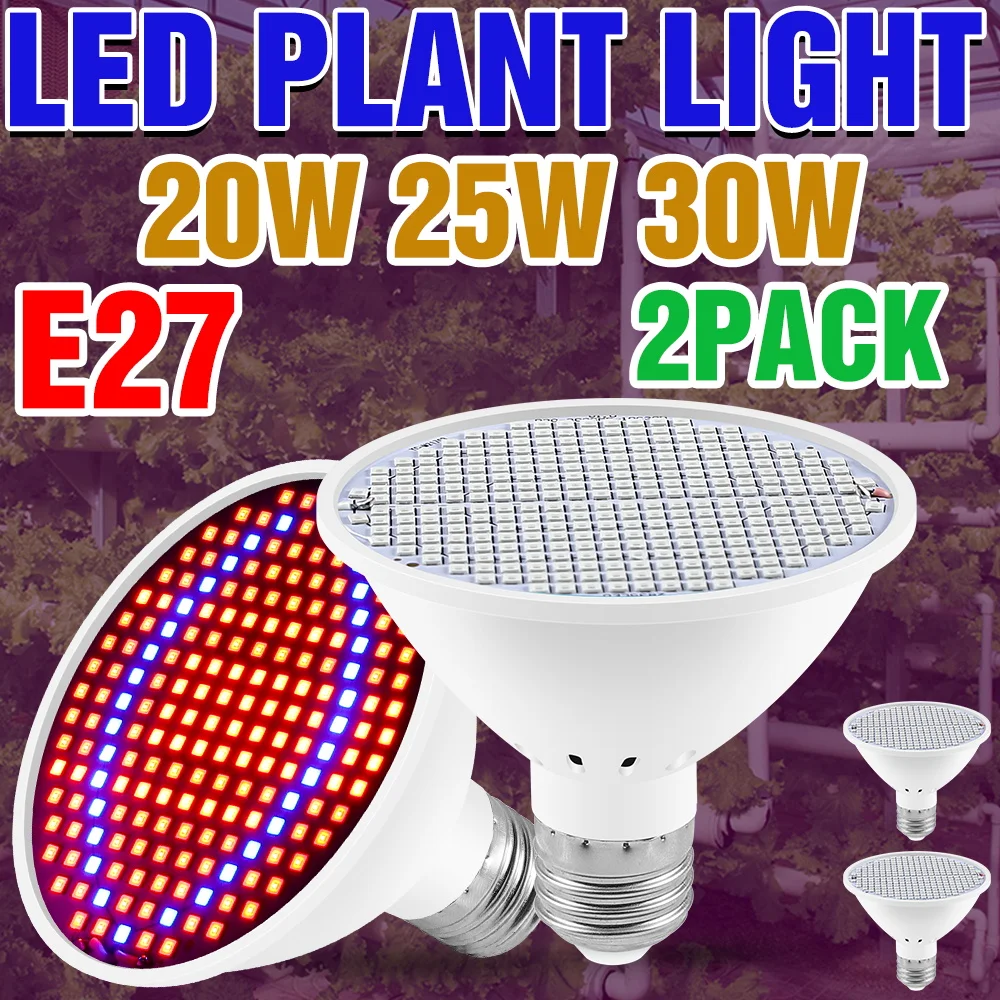 

2 шт. светодиодных ламп для растений 220В, полный спектр, E27/E26, 110В, для выращивания овощей и фруктов в помещении, 30Вт, 25Вт, 20Вт