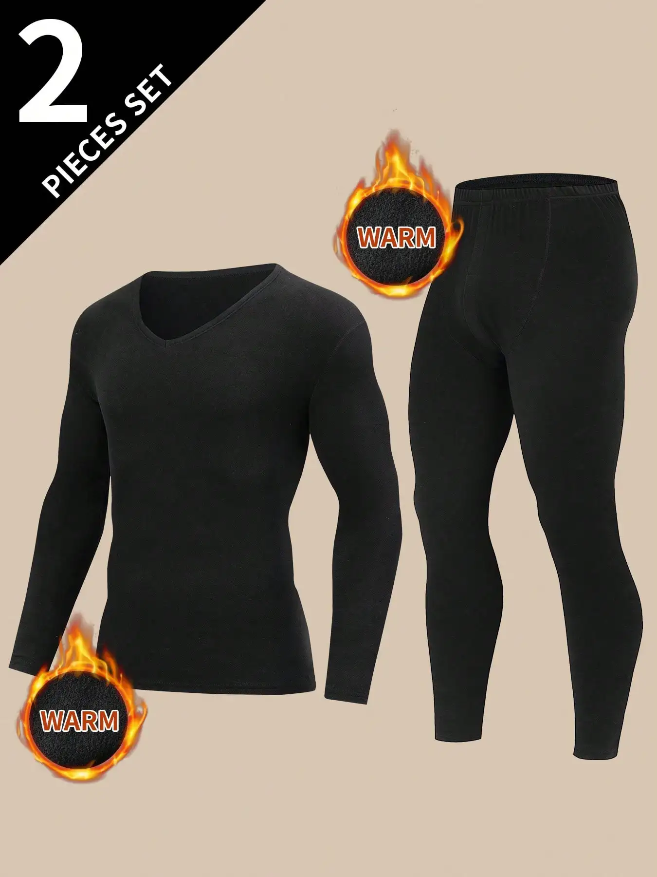 

2-Piece Men's Thermal Underwear Set - V-Neck Long Sleeve Top & Pants, Warm Base Layer for Cold Weather
