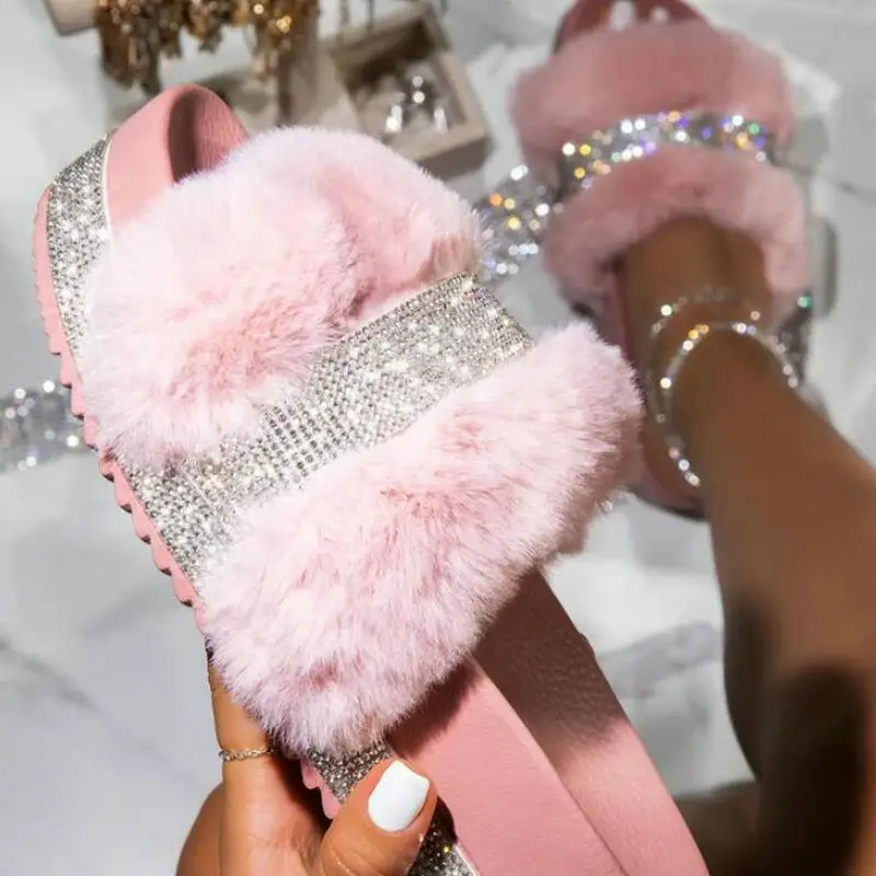 Luxury Designer Women Fur Rhinestone Slippers Platform Wedges Heel Solid Fluffy Furry Slides Outside Sexy Shoes Ladies