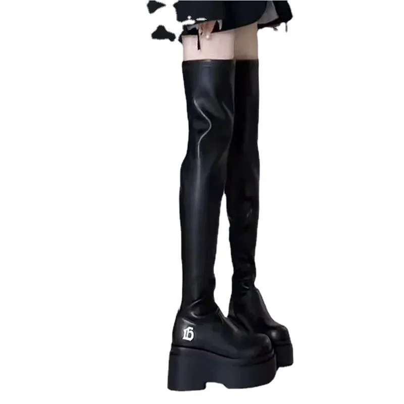 Women High Heels Over The Knee Boots Autumn Winter New Platform PU Leather Thigh High Boots Woman Buckle Decor Black Long Botas