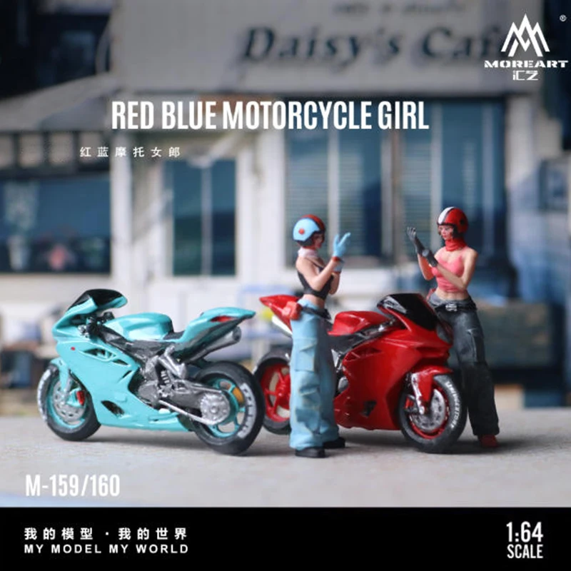 

MoreArt 1:64 синий/красный мотоцикл для девочек, набор фигурок из сплава и пластика, модель автомобиля, коллекция, украшение для дисплея, игрушка в подарок