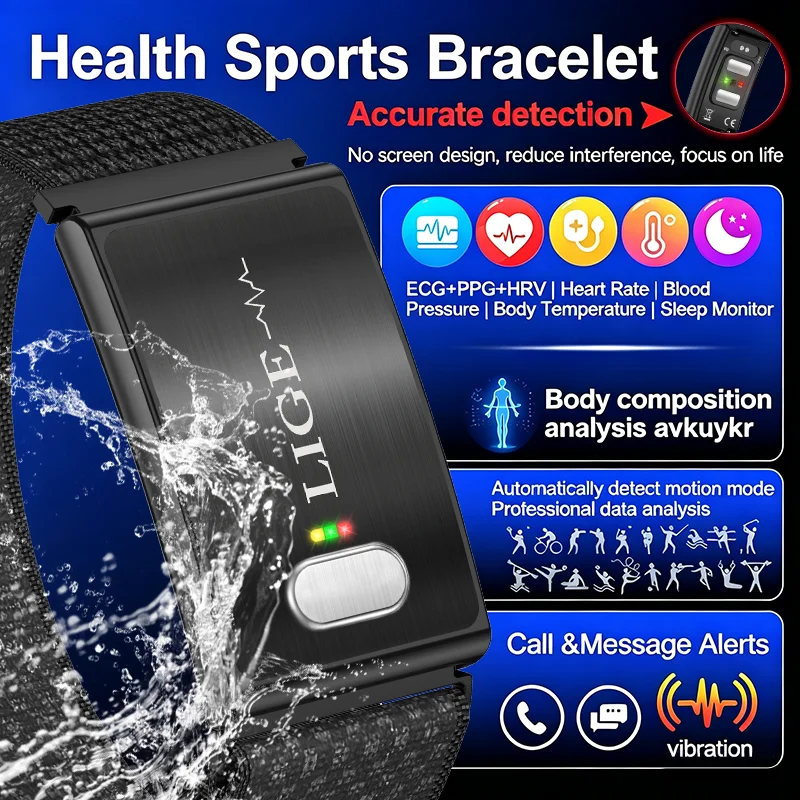 Nova Pulseira Inteligente de Saúde 2026: Monitor de ECG e VFC, Pulseira Esportiva, Rastreador Fitness, Pulseira à Prova d'Água Sem Tela, Smartwatch pa