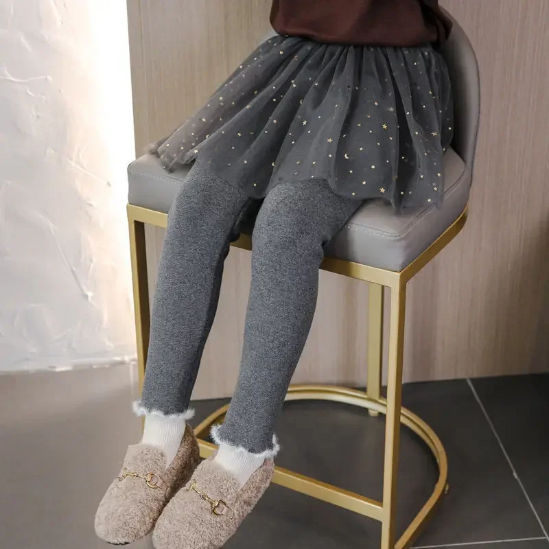 Children Clothing 2023 Girl Winter Plush and Thickened Skirt Pants Mesh Skirt Hem Fake Two-piece Leggings Children Fashion Pants