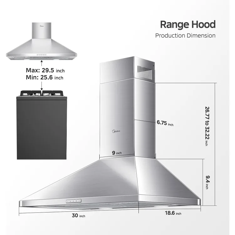 Ducted Pyramid Range 450 CFM Stainless Steel Wall Mount Vent Hood with 3 Speed Exhaust Fan, 5-Layer Aluminum Permanent Filters