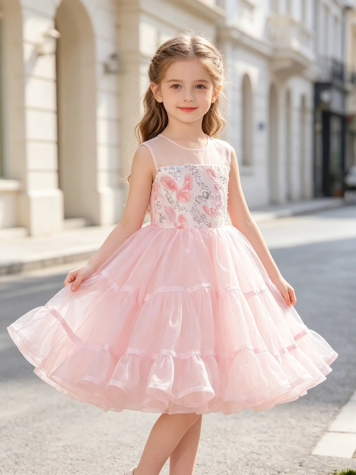Custom Girls Luxury Strapless Sequin Butterfly Print Tiered Ruffle Tulle Short Flower Girl Dress Wedding Party Gown Birthday
