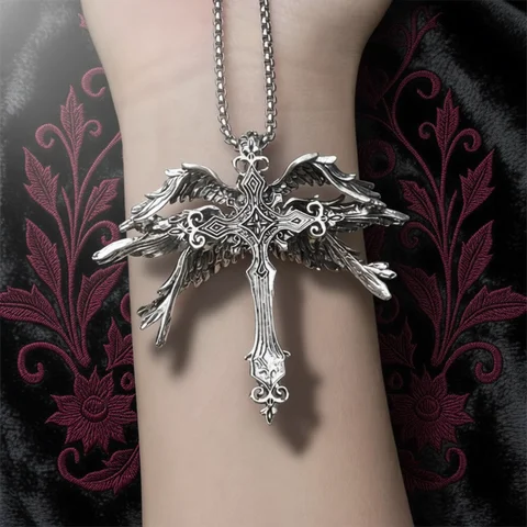 Retro Gothic Jesus Wings Cross Pendant Necklace Jewelry for Men Women Large Vintage Dark Punk Religious Amulet Necklaces Gifts