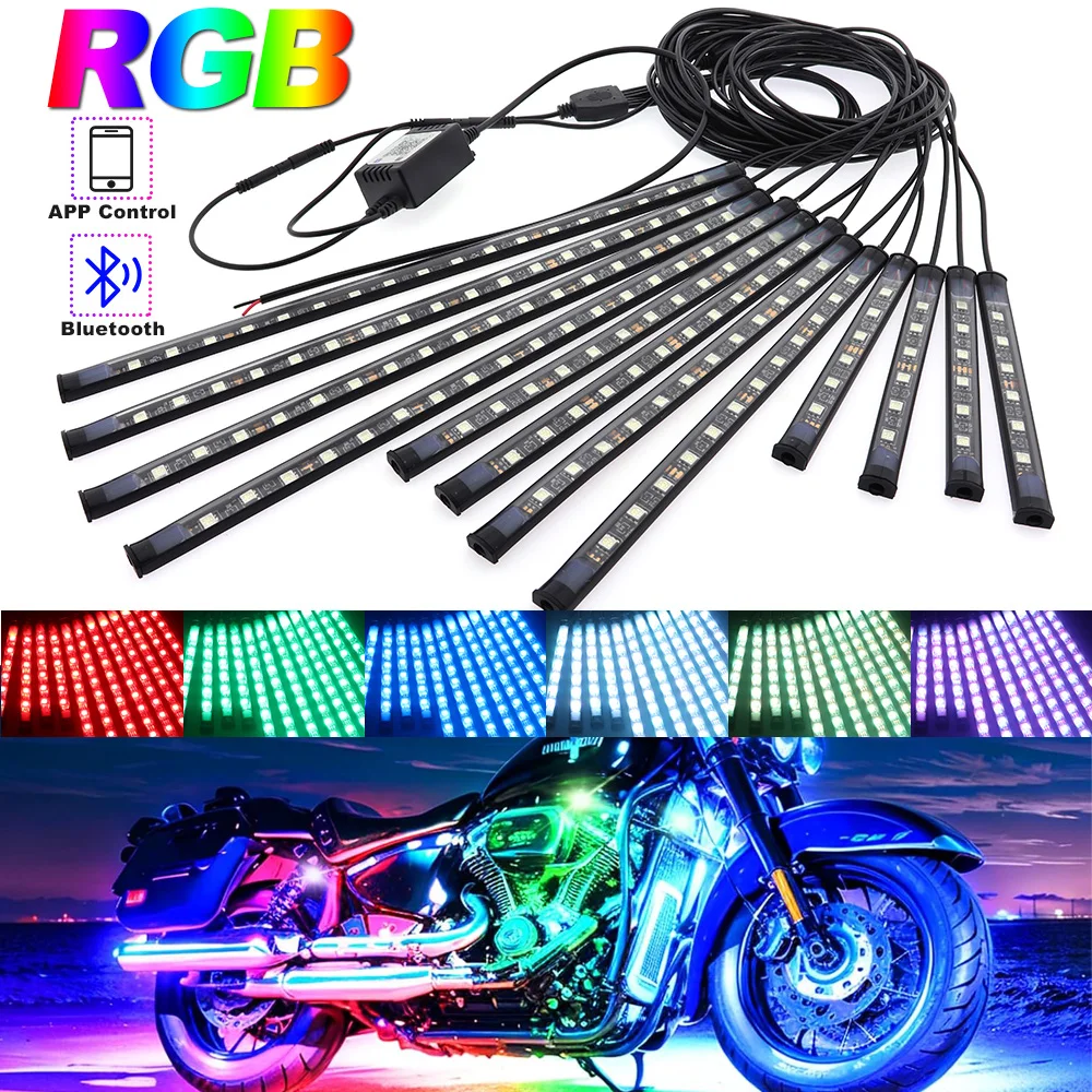 RGB LED Strips Motorcycle Under Glow Light Neon Decor Lamp Kit APP Control