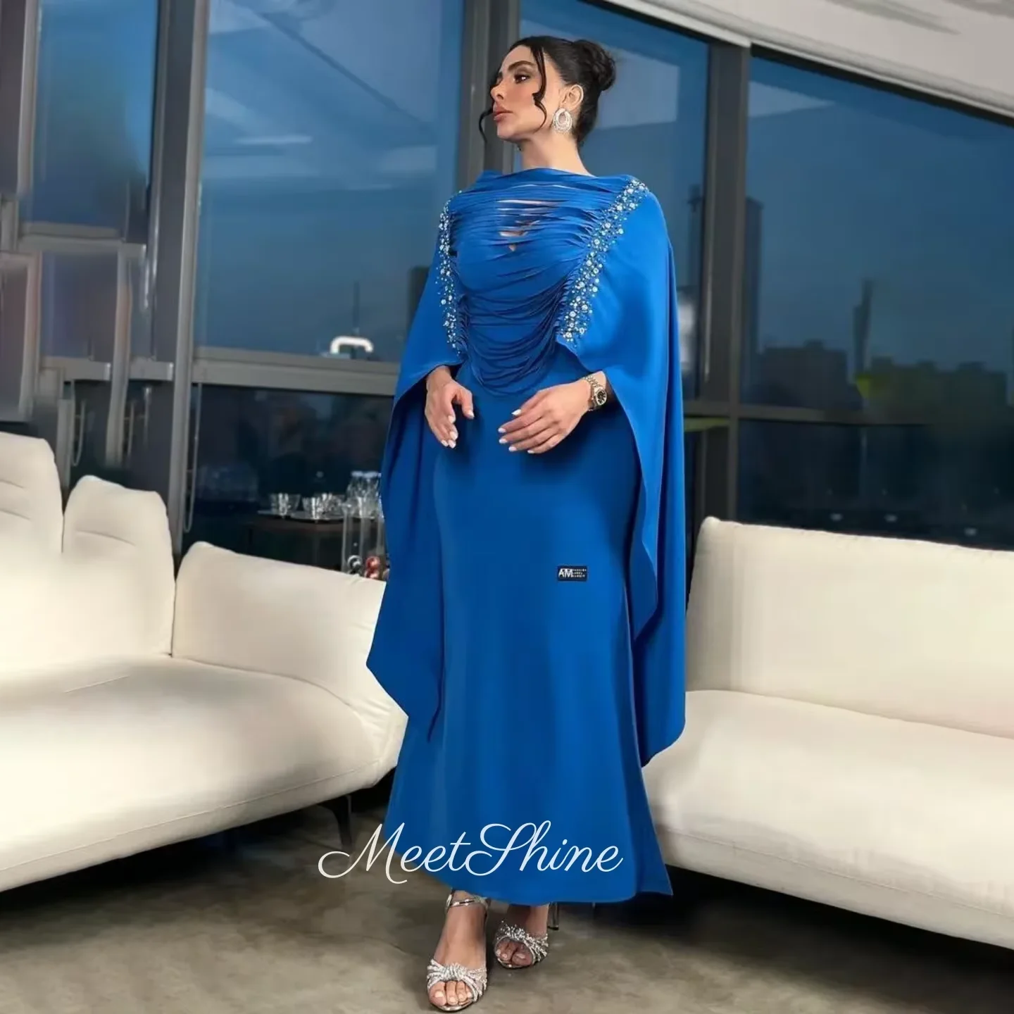 블루 새틴 댄스 파티 드레스 화이트 비즈 크리스탈 정장 웨딩 드레스 이브닝 드레스 사우디 아라비아 맞춤형 Vestidos De Gala 2025