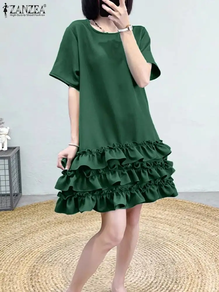 ZANZEA Women Multilayer Ruffle Pleated Robes Summer Chic Evennig Party Dress Vintage Short Sleeve Sundress Casual Loose Dresses