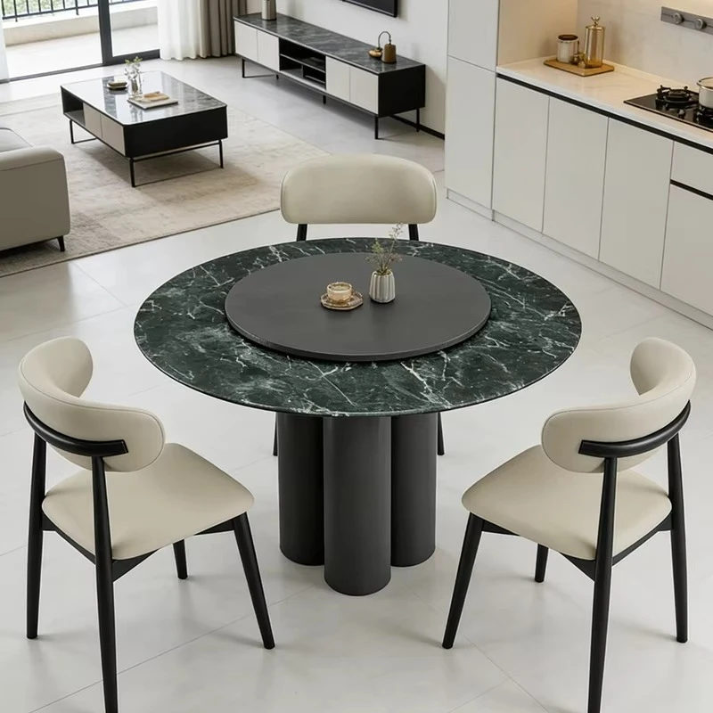 &c Italian Ultra-Minimalist Light Luxury Marble Dining Table with Lazy Susan Home Round Dining Table Designer Edition